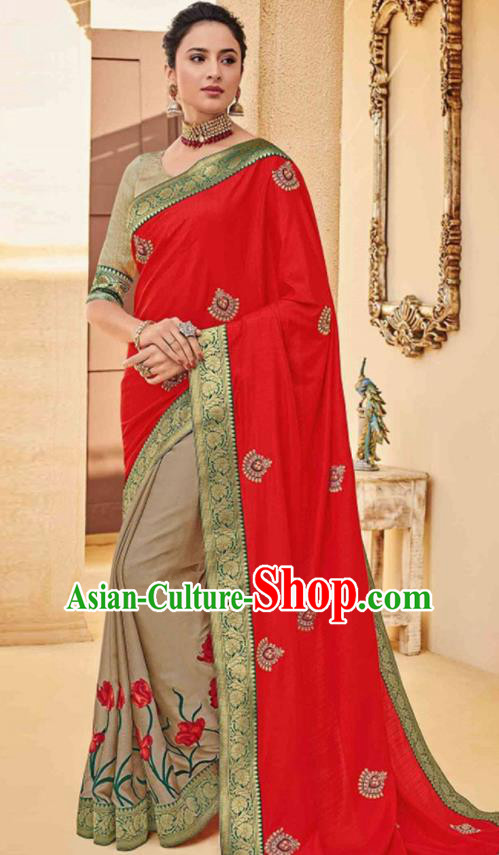 Traditional Indian Saree Red and Khaki Silk Sari Dress Asian India National Festival Bollywood Costumes for Women