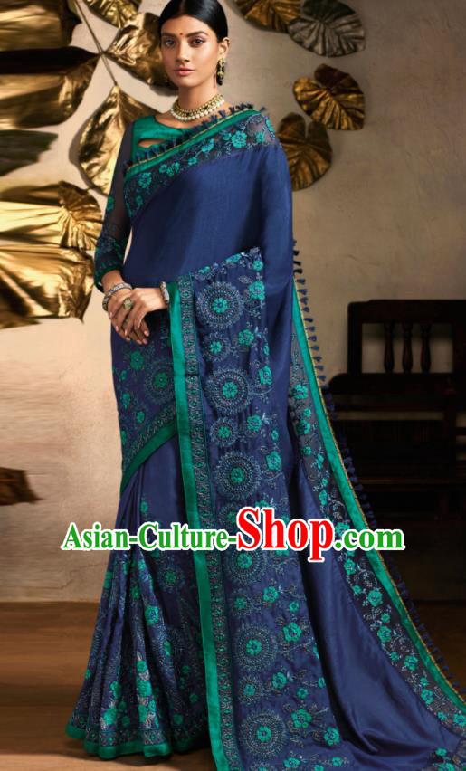 Traditional Indian Saree Bollywood Navy Satin Sari Dress Asian India National Festival Costumes for Women