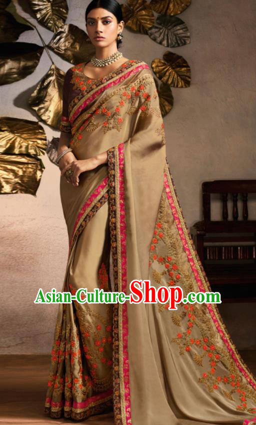 Traditional Indian Saree Bollywood Khaki Satin Sari Dress Asian India National Festival Costumes for Women