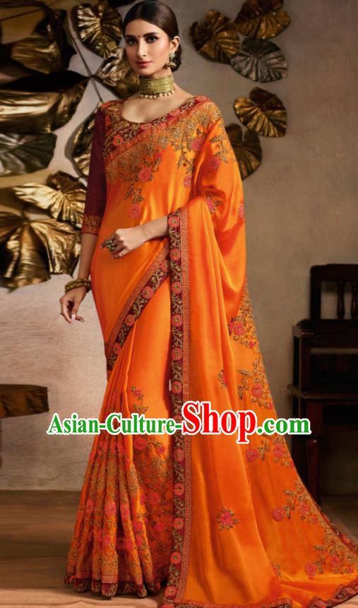 Traditional Indian Saree Bollywood Orange Satin Sari Dress Asian India National Festival Costumes for Women