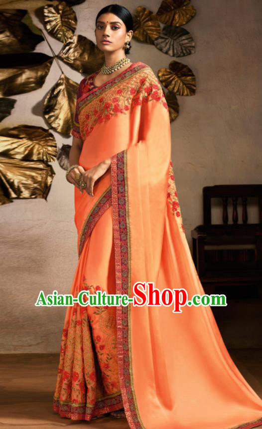 Traditional Indian Saree Bollywood Light Orange Satin Sari Dress Asian India National Festival Costumes for Women