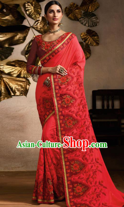 Traditional Indian Saree Bollywood Rosy Satin Sari Dress Asian India National Festival Costumes for Women