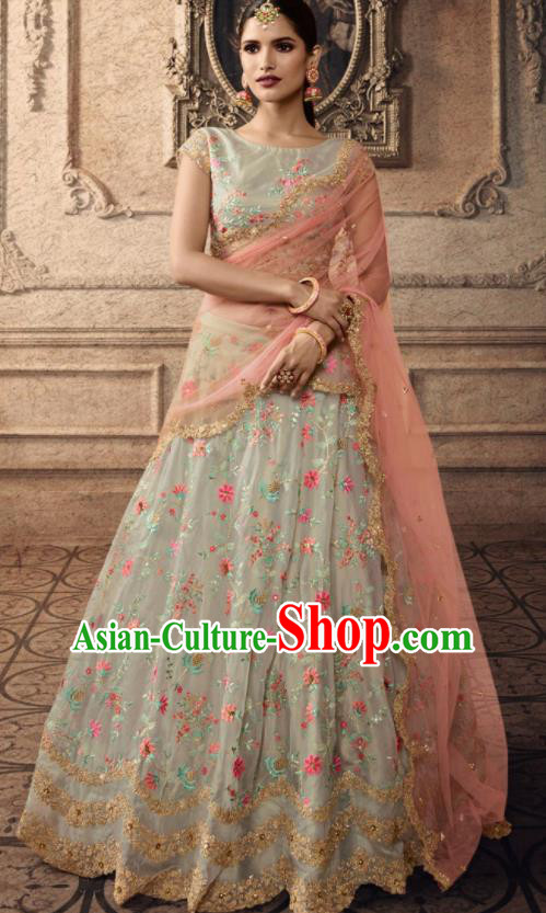 Traditional Indian Lehenga Embroidered Light Grey Dress Asian India National Festival Costumes for Women