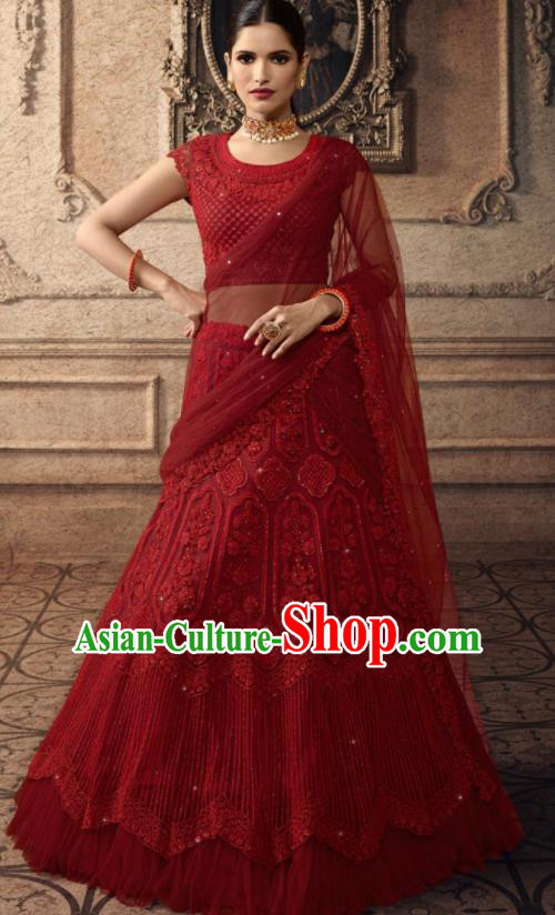 Traditional Indian Lehenga Embroidered Red Dress Asian India National Festival Costumes for Women