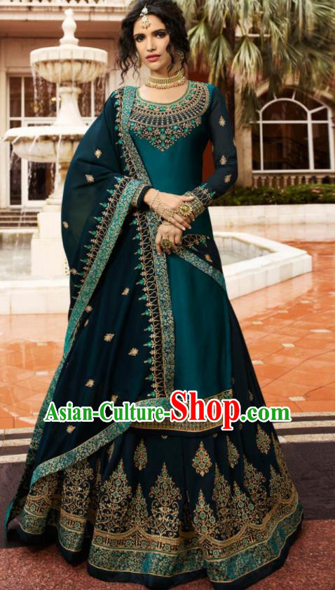 Asian Indian Punjabis Peacock Green Satin Blouse and Skirt India Traditional Lehenga Choli Costumes Complete Set for Women