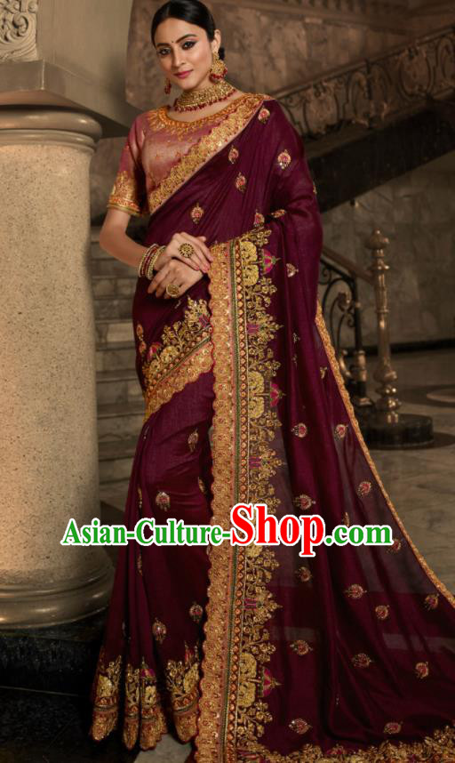 Asian Traditional Indian Court Embroidered Wine Red Silk Sari Dress India National Festival Bollywood Costumes for Women
