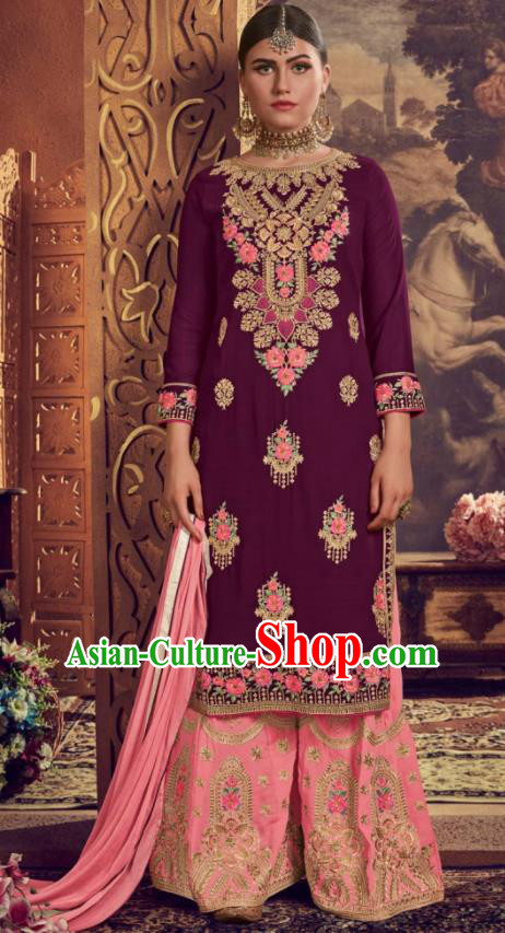 Asian Indian Punjabis Embroidered Purple Georgette Blouse and Pink Pants India Traditional Lehenga Choli Costumes Complete Set for Women