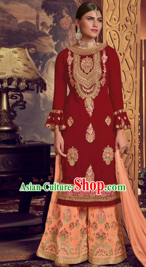 Asian Indian Punjabis Embroidered Red Georgette Blouse and Orange Pants India Traditional Lehenga Choli Costumes Complete Set for Women