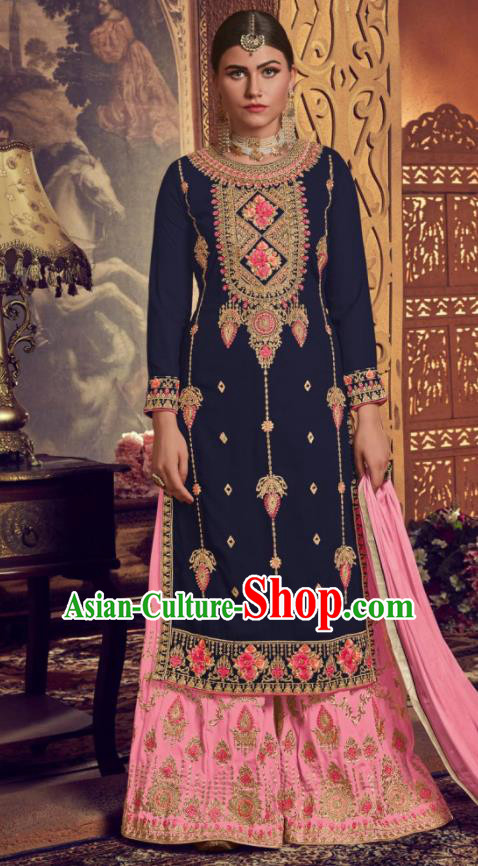 Asian Indian Punjabis Embroidered Navy Georgette Blouse and Pink Pants India Traditional Lehenga Choli Costumes Complete Set for Women