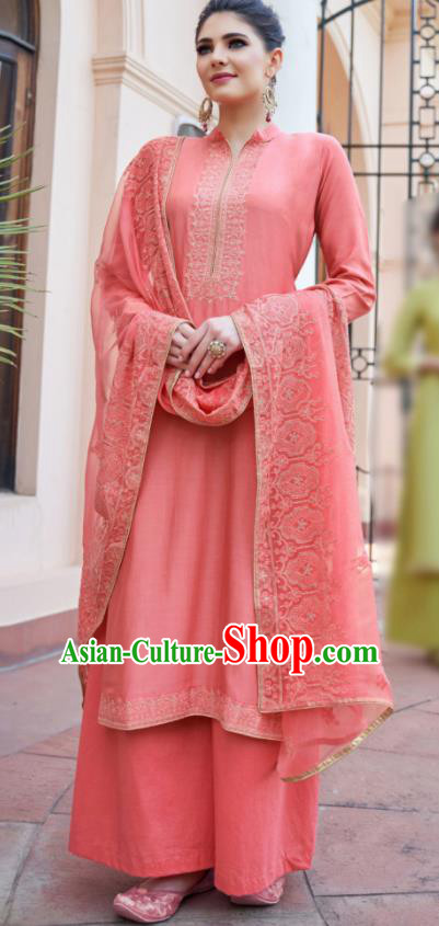 Asian Indian Punjabis Pink Muslin Blouse and Pants India Traditional Lehenga Choli Costumes Complete Set for Women