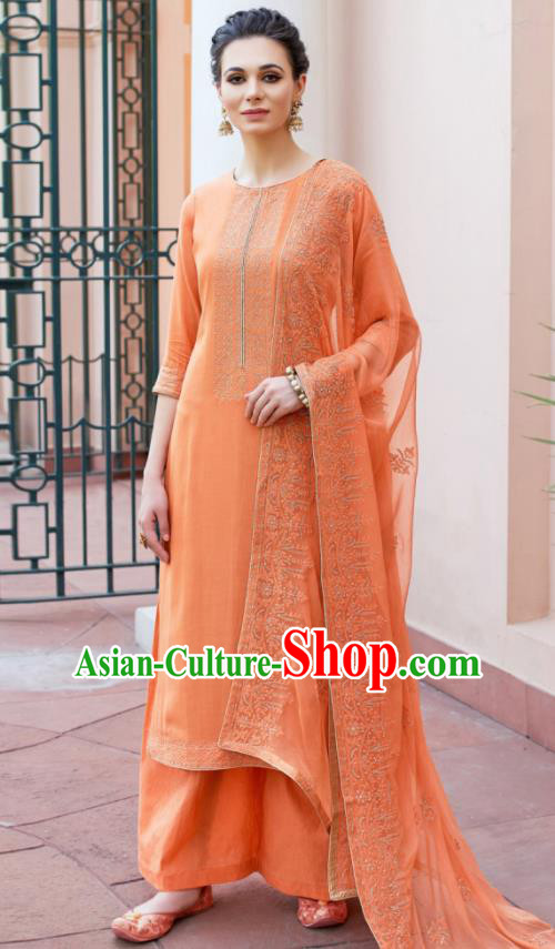 Asian Indian Punjabis Orange Muslin Blouse and Pants India Traditional Lehenga Choli Costumes Complete Set for Women