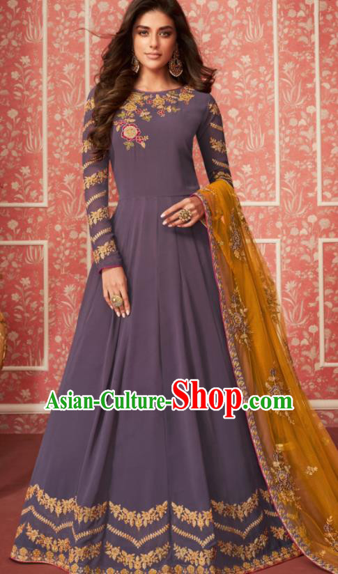 Indian Traditional Court Purple Georgette Anarkali Dress Asian India National Festival Costumes for Women