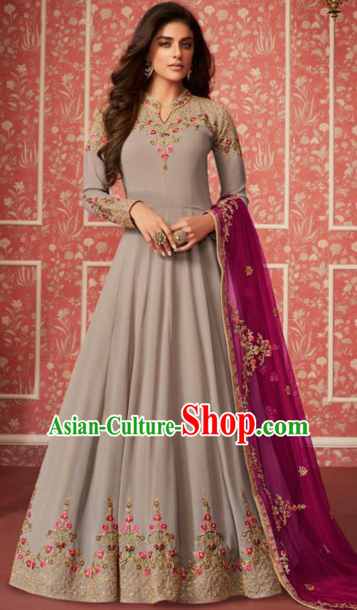 Indian Traditional Court Grey Georgette Anarkali Dress Asian India National Festival Costumes for Women