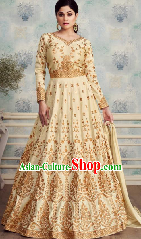 Indian Traditional Bollywood Court Light Yellow Silk Anarkali Dress Asian India National Festival Costumes for Women