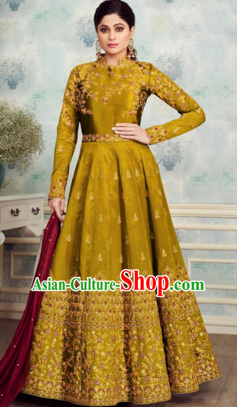 Indian Traditional Bollywood Court Ginger Silk Anarkali Dress Asian India National Festival Costumes for Women