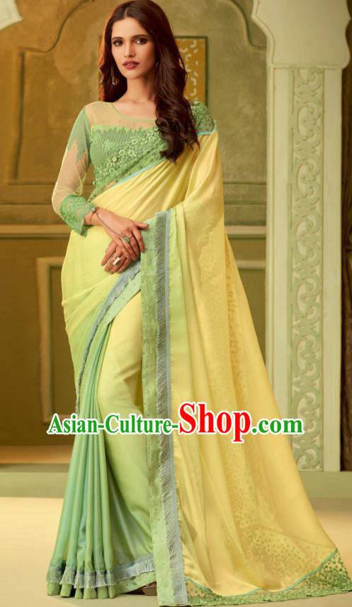 Indian Traditional Sari Bollywood Court Gradient Yellow Dress Asian India National Festival Costumes for Women