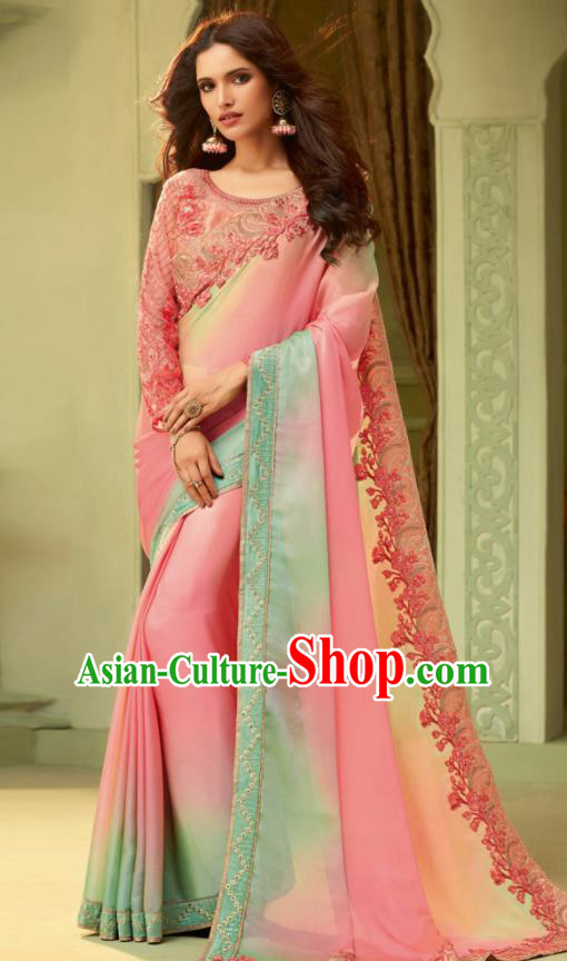 Indian Traditional Sari Bollywood Court Gradient Pink Dress Asian India National Festival Costumes for Women