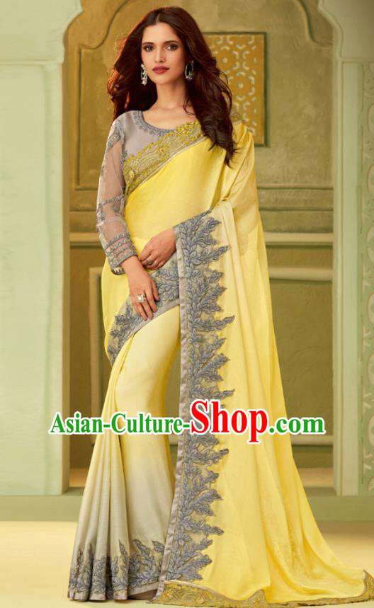 Indian Traditional Sari Bollywood Court Yellow Dress Asian India National Festival Costumes for Women