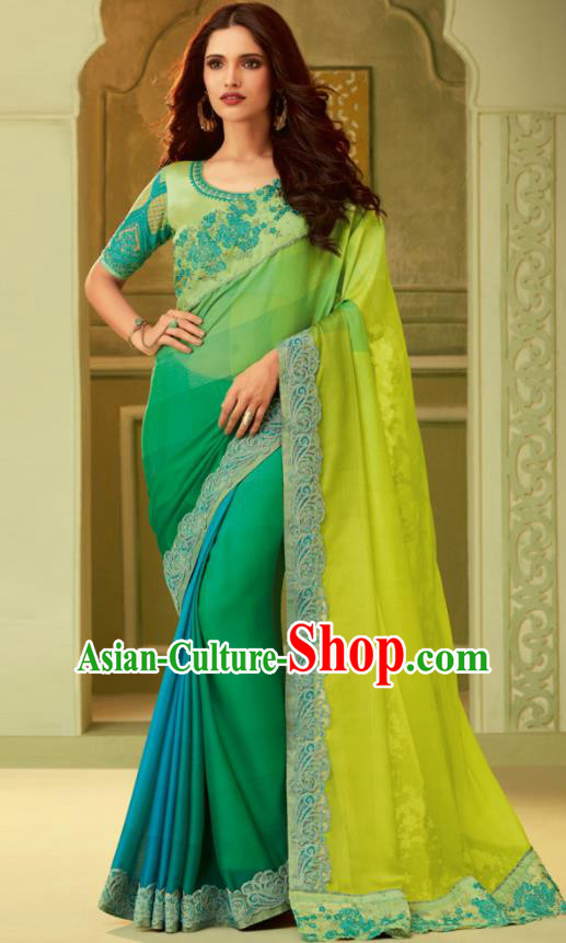 Indian Traditional Sari Bollywood Court Green Dress Asian India National Festival Costumes for Women