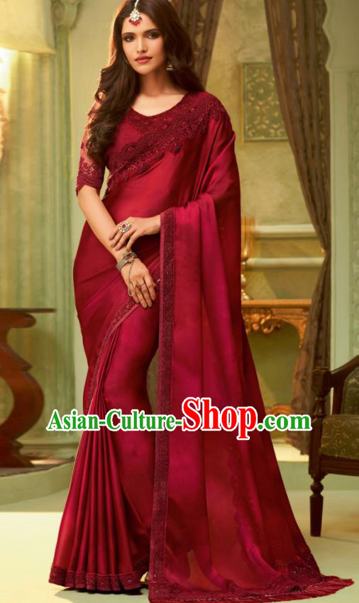 Indian Traditional Sari Bollywood Dark Red Silk Dress Asian India National Festival Costumes for Women