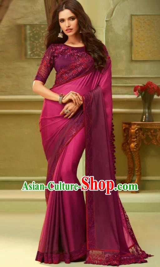 Indian Traditional Sari Bollywood Wine Red Silk Dress Asian India National Festival Costumes for Women
