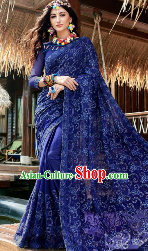 Indian Traditional Bollywood Court Embroidered Royalblue Georgette Sari Dress Asian India National Festival Costumes for Women