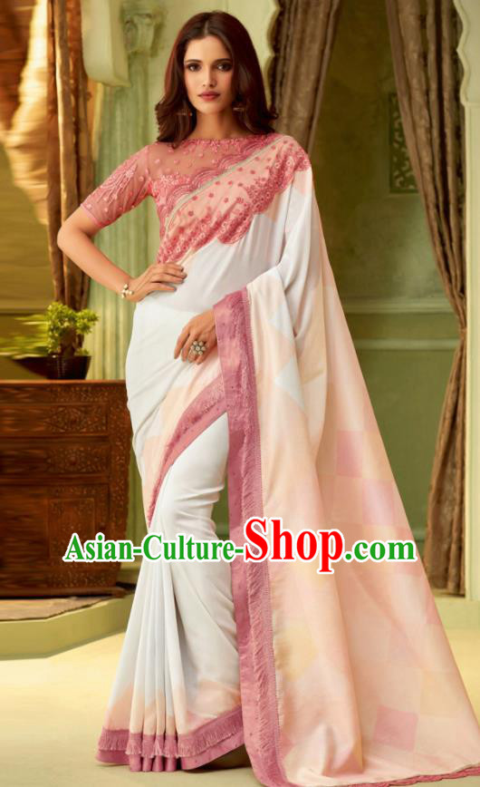 Indian Traditional Sari Bollywood White Silk Dress Asian India National Festival Costumes for Women