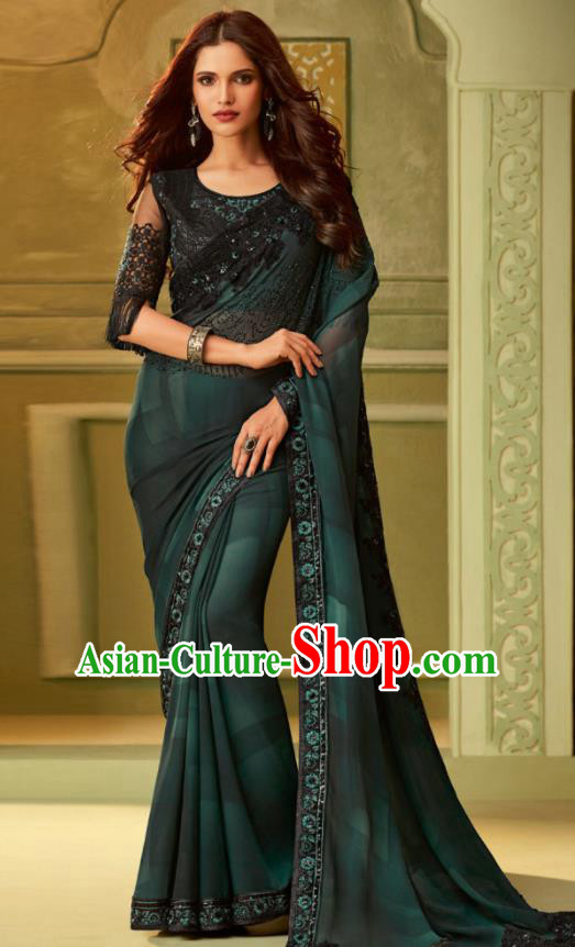 Indian Traditional Sari Bollywood Atrovirens Silk Dress Asian India National Festival Costumes for Women