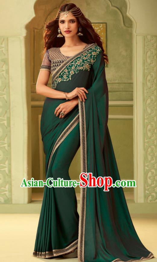 Indian Traditional Sari Bollywood Green Silk Dress Asian India National Festival Costumes for Women