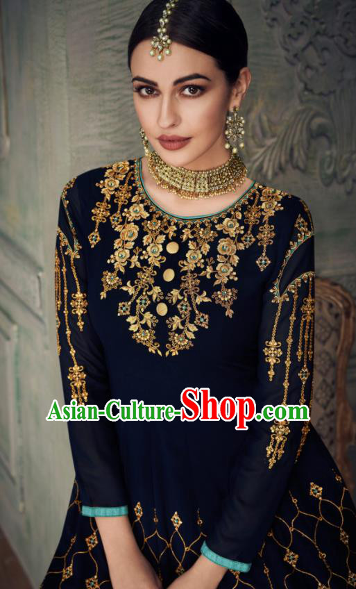 Asian Indian Punjabis Navy Blouse and Pants India Traditional Lehenga Choli Costumes Complete Set for Women