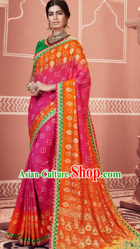 Indian Traditional Sari Bollywood Printing Rosy Dress Asian India National Festival Costumes for Women