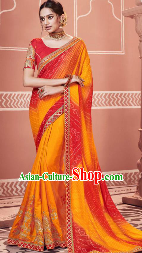 Indian Traditional Sari Bollywood Printing Orange Dress Asian India National Festival Costumes for Women