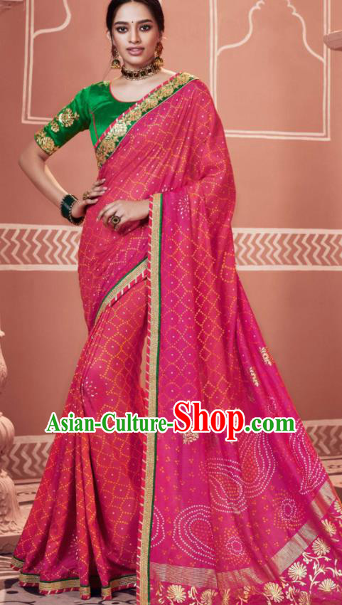 Indian Traditional Sari Bollywood Printing Rosy Dress Asian India National Festival Costumes for Women