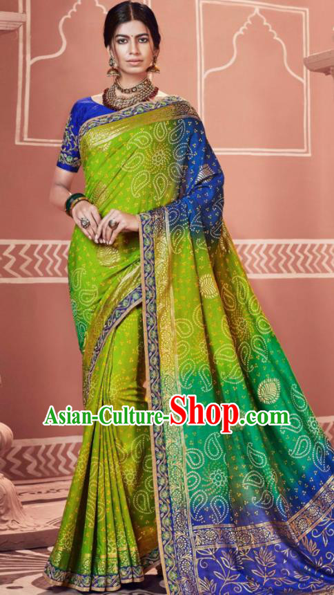 Indian Traditional Sari Bollywood Printing Green Dress Asian India National Festival Costumes for Women