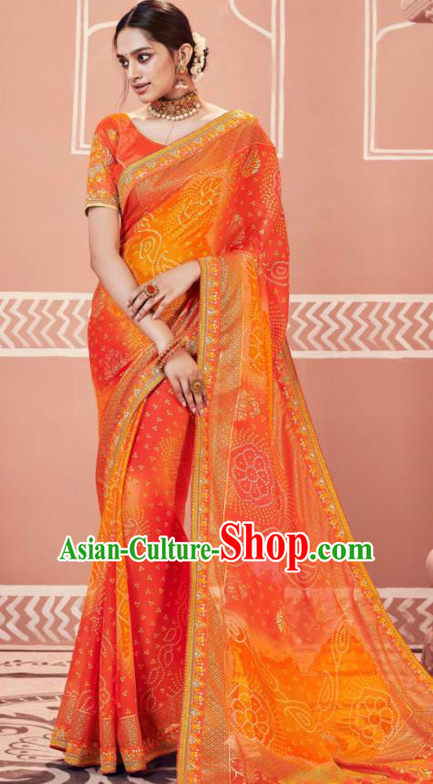 Indian Traditional Sari Bollywood Wedding Printing Orange Dress Asian India National Festival Costumes for Women