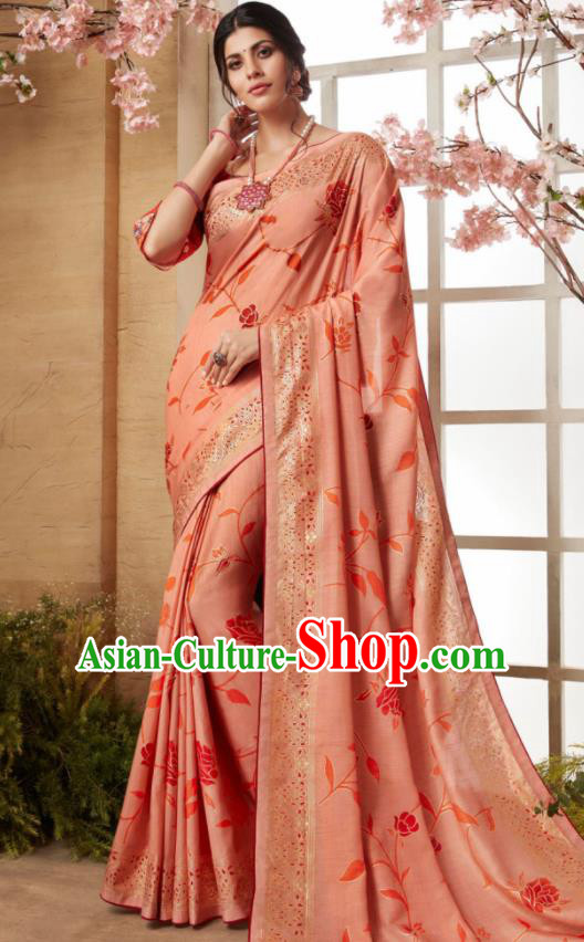 Indian Traditional Bollywood Sari Pink Dress Asian India National Festival Costumes for Women