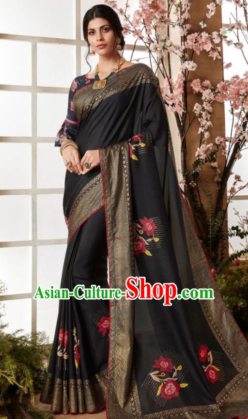 Indian Traditional Bollywood Sari Black Dress Asian India National Festival Costumes for Women