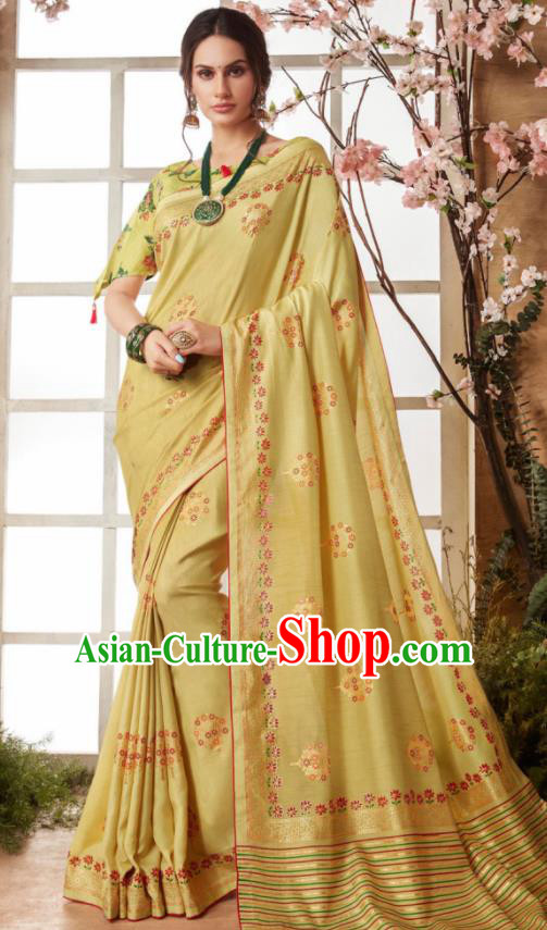 Indian Traditional Bollywood Sari Yellow Dress Asian India National Festival Costumes for Women