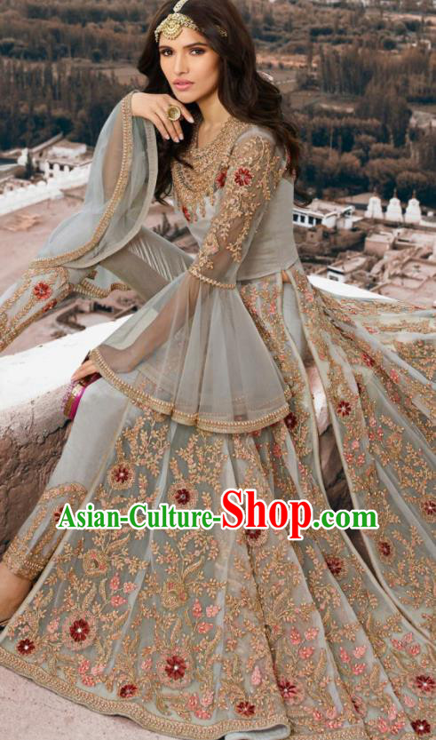 Asian Indian Embroidered Grey Blouse and Pants India Traditional Lehenga Choli Costumes Complete Set for Women