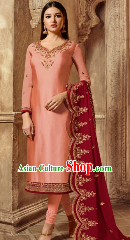 Asian Indian Traditional Embroidered Pink Satin Blouse and Pants India Punjabis Lehenga Choli Costumes Complete Set for Women
