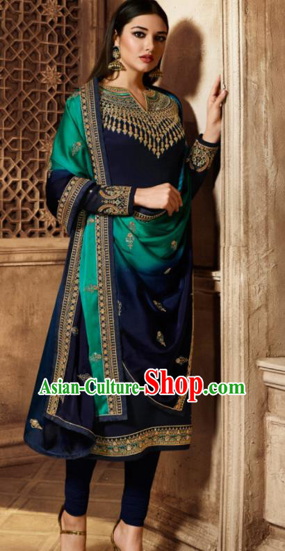 Asian Indian Traditional Embroidered Navy Satin Blouse and Pants India Punjabis Lehenga Choli Costumes Complete Set for Women