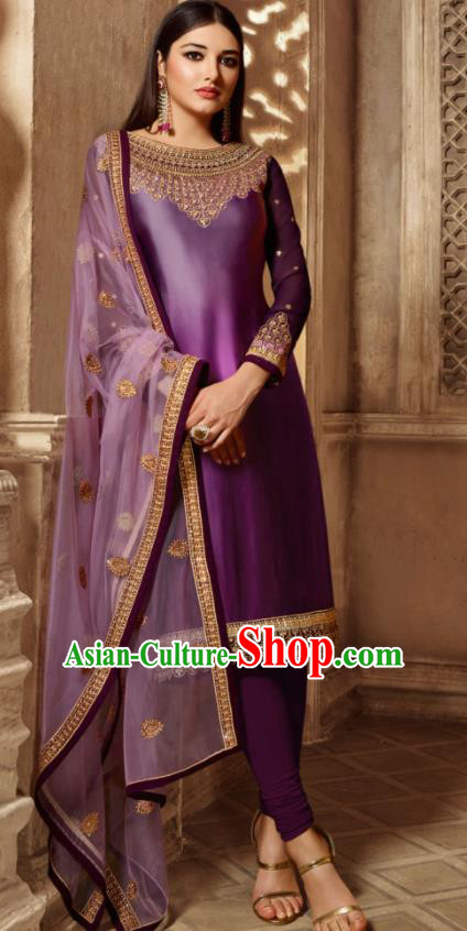 Asian Indian Traditional Embroidered Purple Satin Blouse and Pants India Punjabis Lehenga Choli Costumes Complete Set for Women