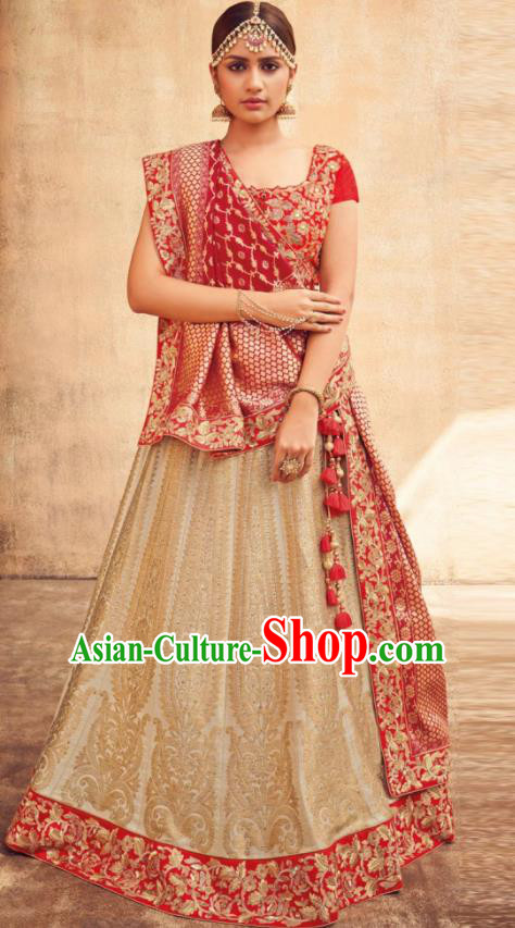 Indian Traditional Bollywood Lehenga Beige Banarasi Silk Dress Asian India National Festival Costumes for Women