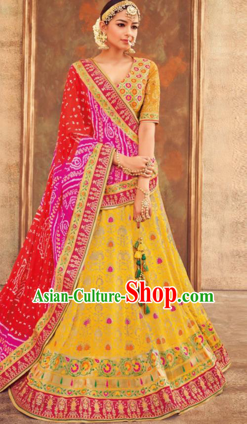 Indian Traditional Bollywood Lehenga Yellow Banarasi Silk Dress Asian India National Festival Costumes for Women