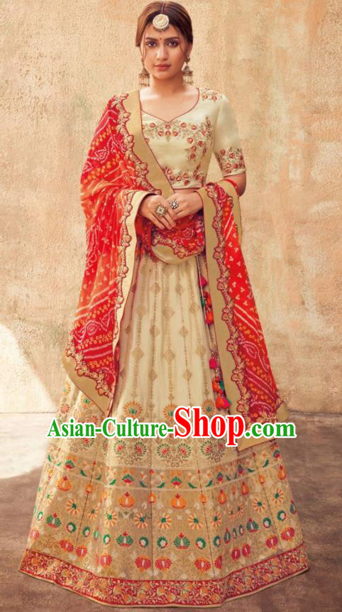 Indian Traditional Bollywood Lehenga Apricot Banarasi Silk Dress Asian India National Festival Costumes for Women