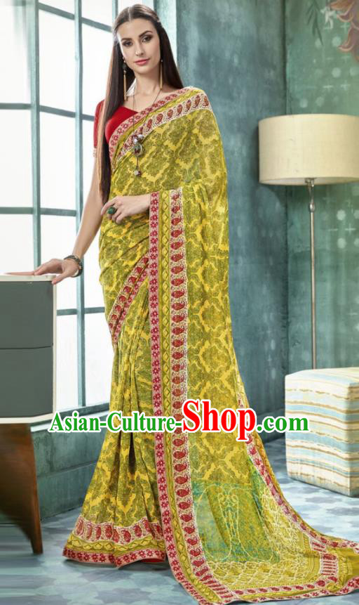 Indian Traditional Bollywood Printing Sari Yellow Dress Asian India National Festival Costumes for Women