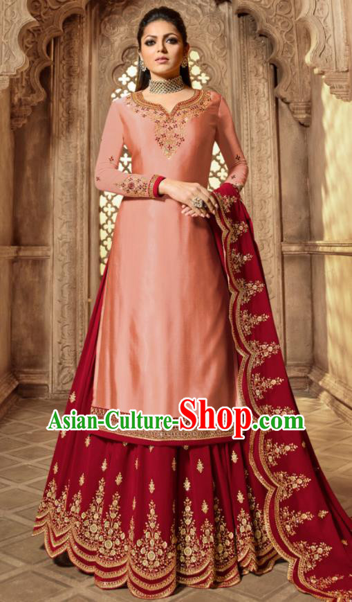 Asian Indian Embroidered Pink Satin Blouse and Wine Red Skirt India Traditional Lehenga Choli Costumes Complete Set for Women