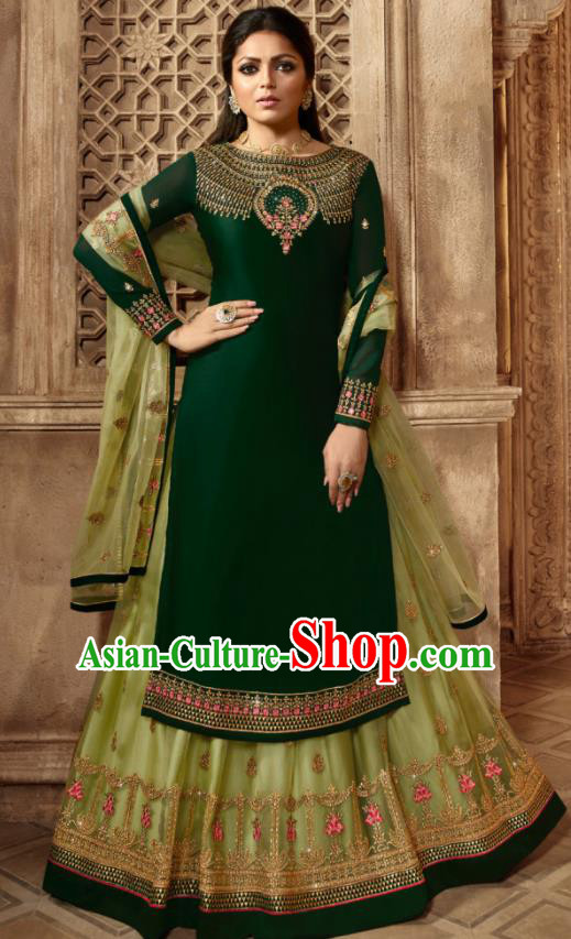 Asian Indian Embroidered Deep Green Satin Blouse and Skirt India Traditional Lehenga Choli Costumes Complete Set for Women