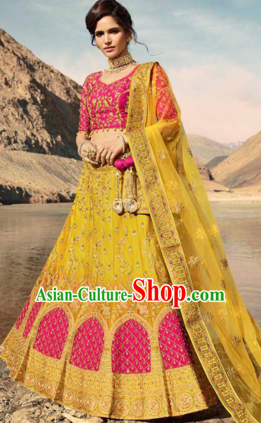 Indian Traditional Lehenga Embroidered Yellow Dress Asian India National Festival Costumes for Women