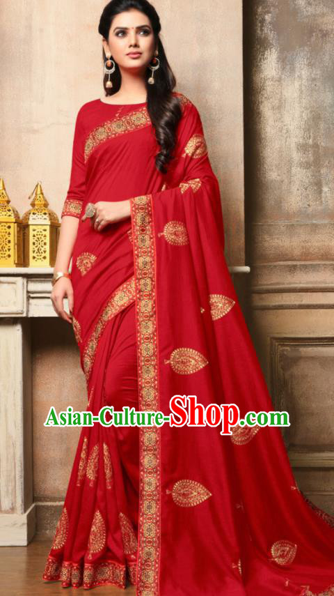 Indian Traditional Bollywood Embroidered Red Silk Sari Dress Asian India National Festival Costumes for Women